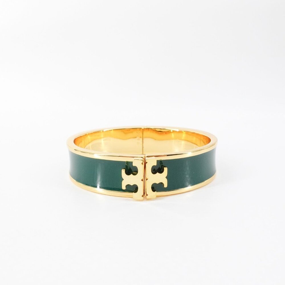 Tory Burch Enameled Kira Logo Hinged Bracelet Gold/ Green OS